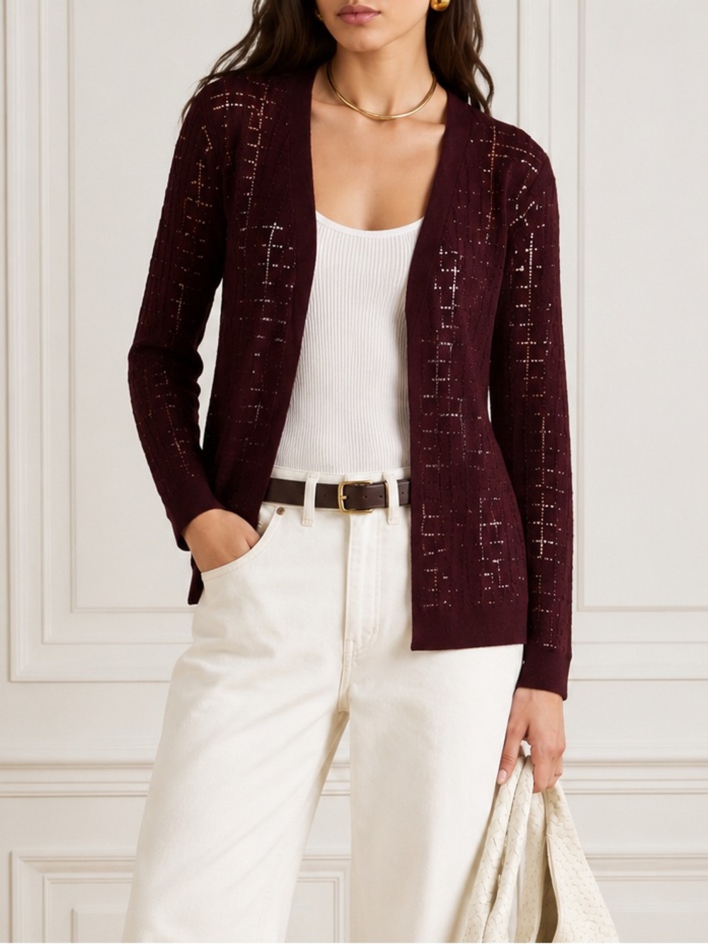 Akris Cashmere & Silk Burgundy Open-Front Cardigan Sweater